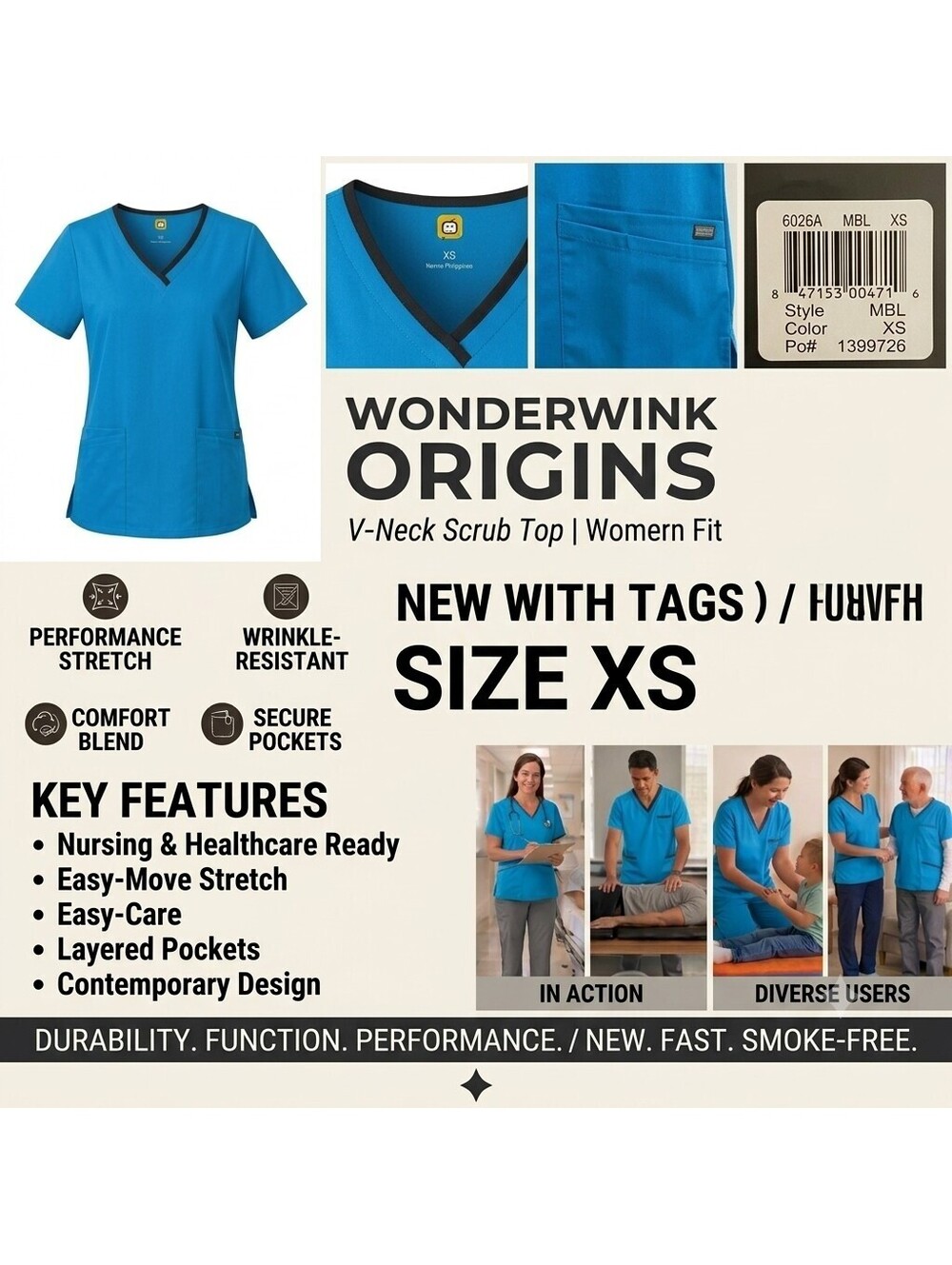 WonderWink Origins Scrub Top Women XS Blue Contrast Collar V-Neck Medical NWT...